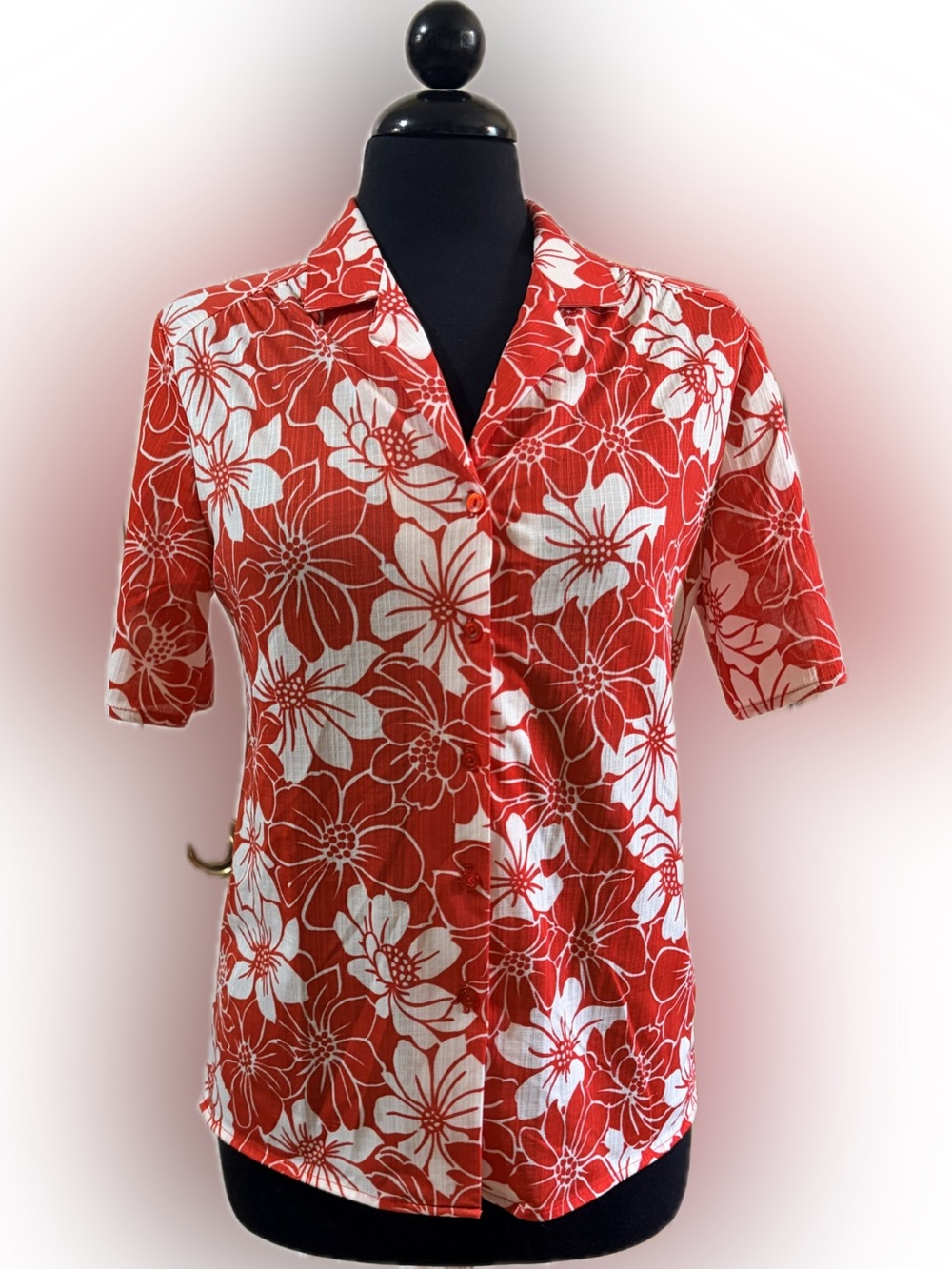 Women’s Vintage Red and White Floral Button-Down Top